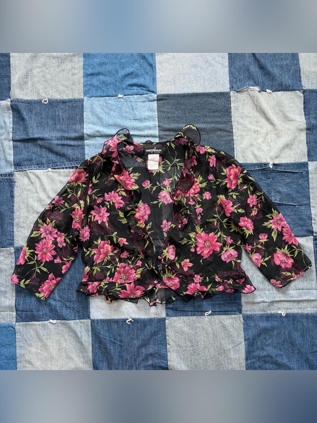 Vtg Sheer Ruffle Blouse Positive Attitude Floral Blouse Button Size L Petite
